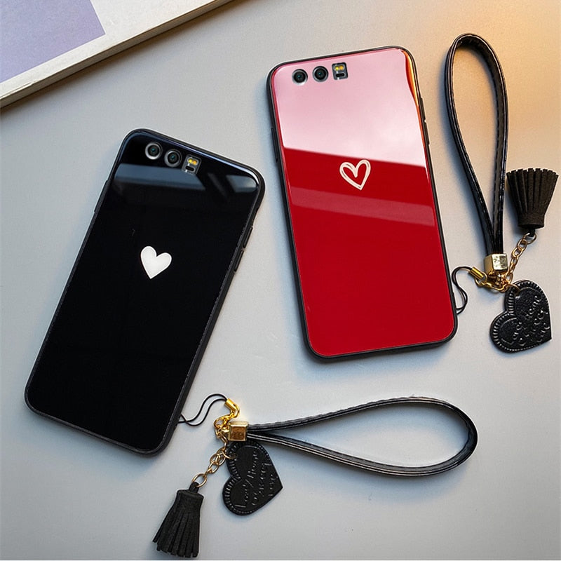 Red & Black Hearts - Luxury Tempered Glass Case for iPhone