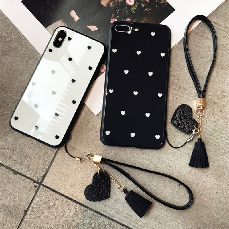 Black & White Hearts - Luxury Tempered Glass Case for iPhone